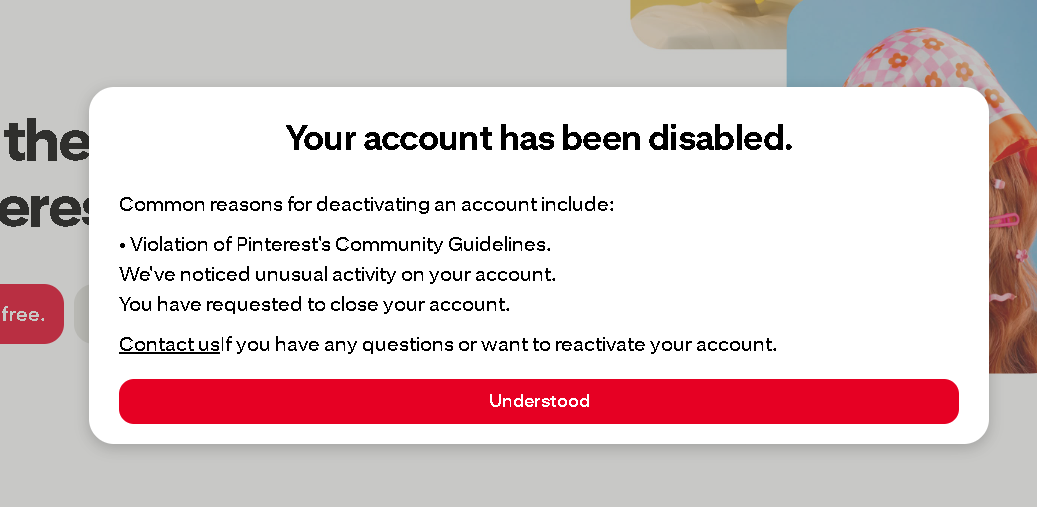 The Pinterest account has been disabled message