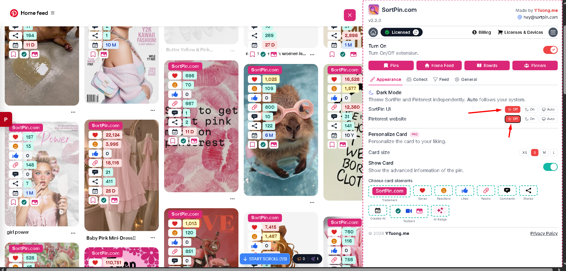 Pinterest home feed with SortPin dark mode switched off