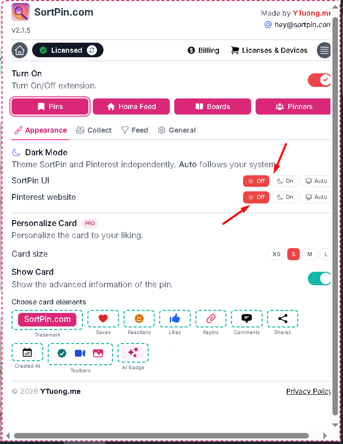 Pinterest dark mode settings in the SortPin Appearance tab