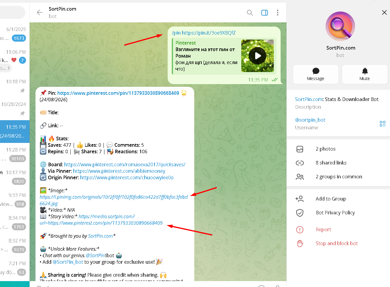 Pinterest Telegram bot reply showing hidden save counts and media links