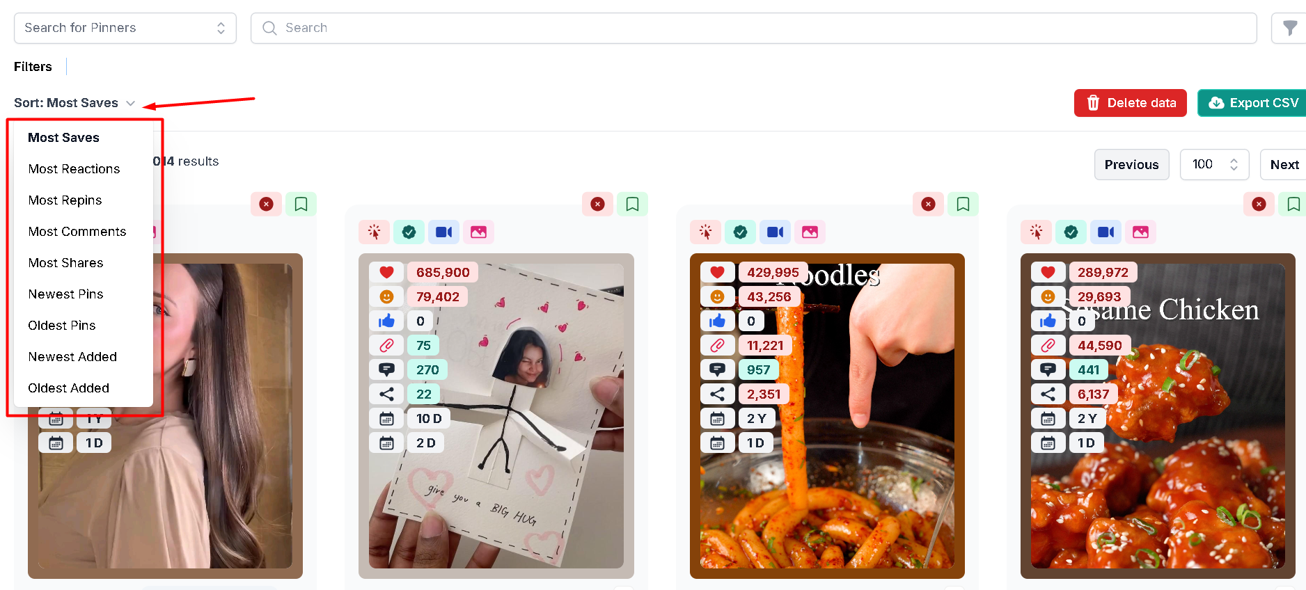 Sort Pinterest pins by saves to find profitable content