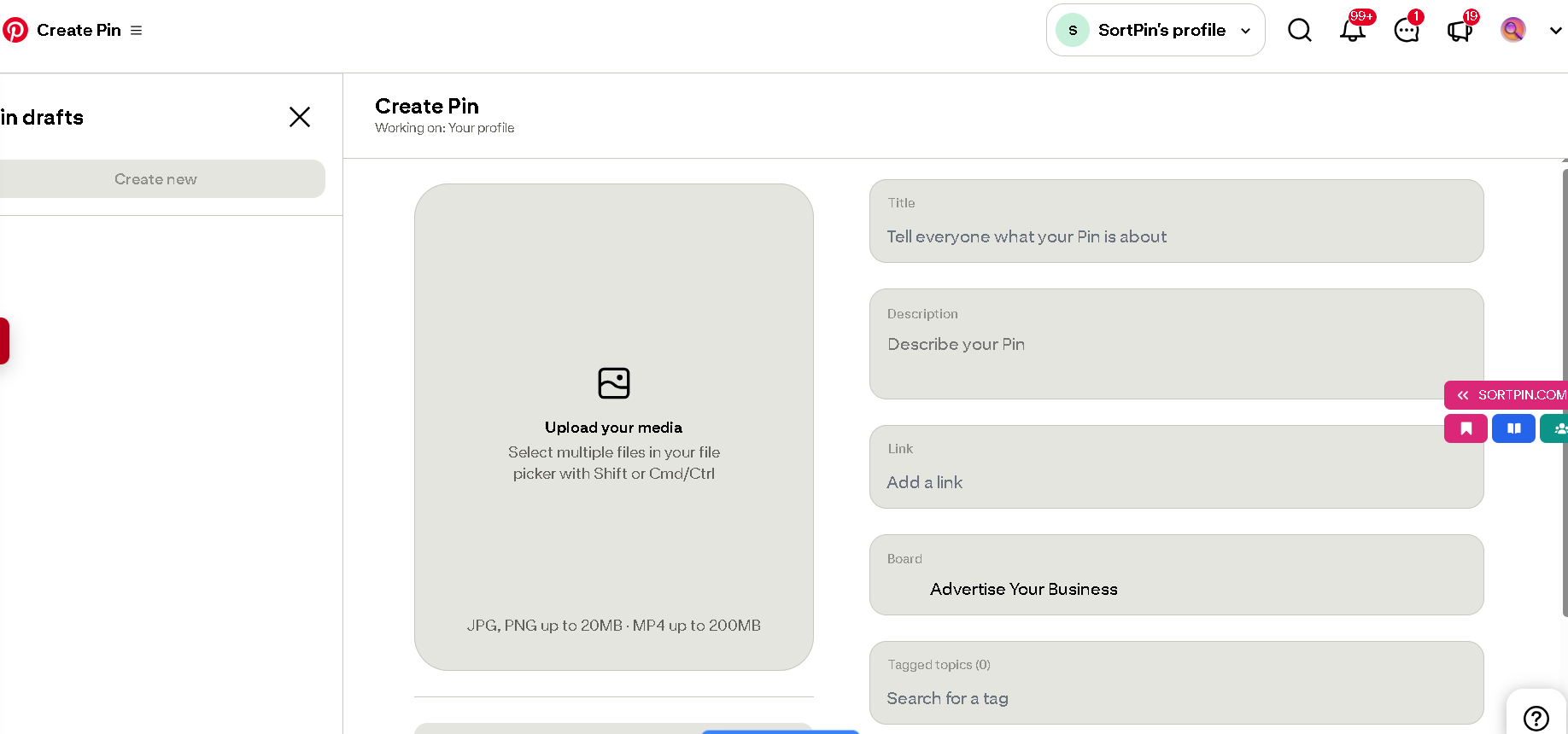 Pinterest Create Pin upload screen showing file size limits