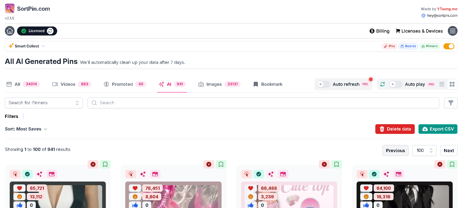 Pinterest AI-generated pins collected and filtered in the SortPin dashboard