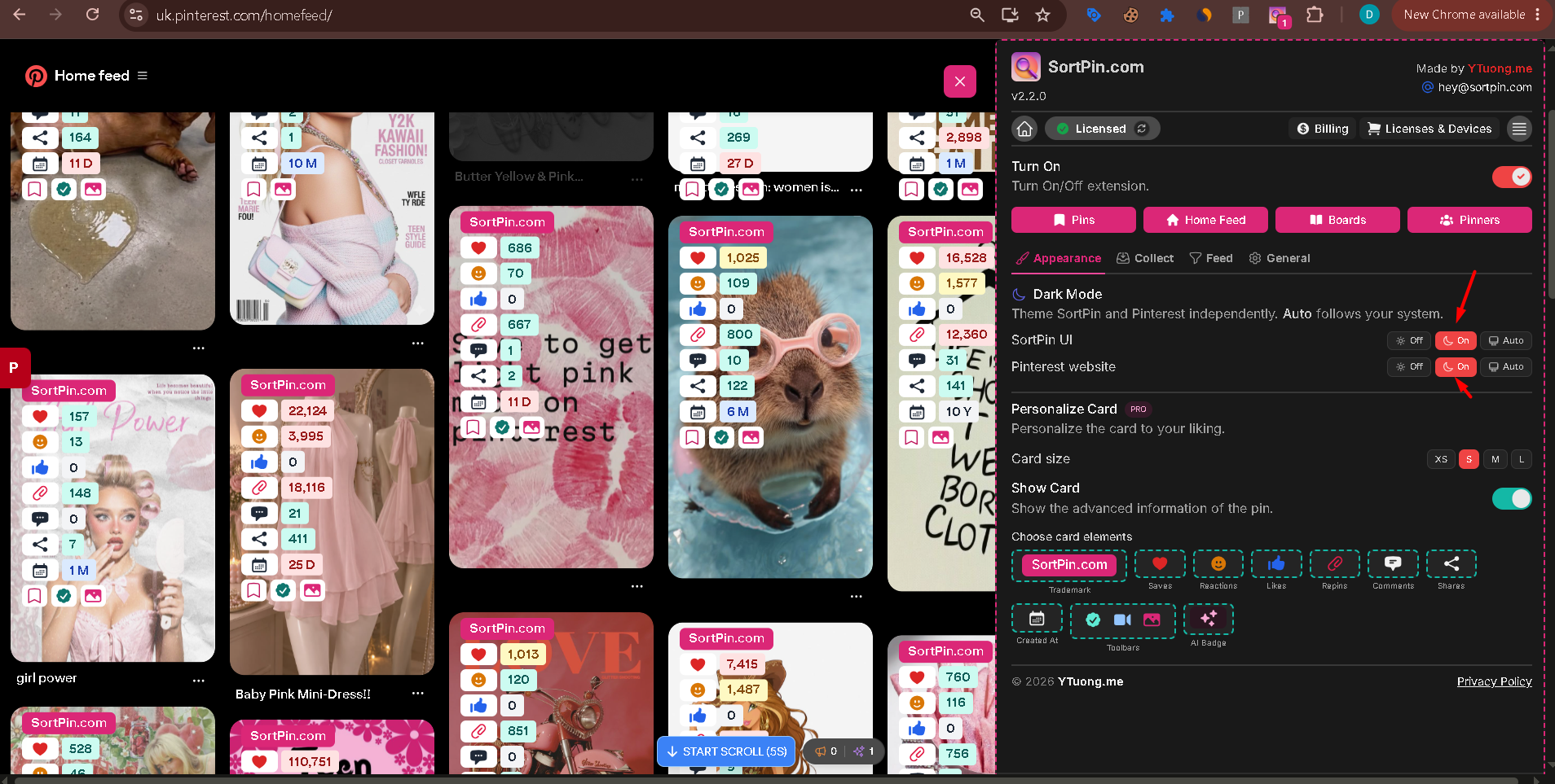 Pinterest home feed with SortPin dark mode switched on