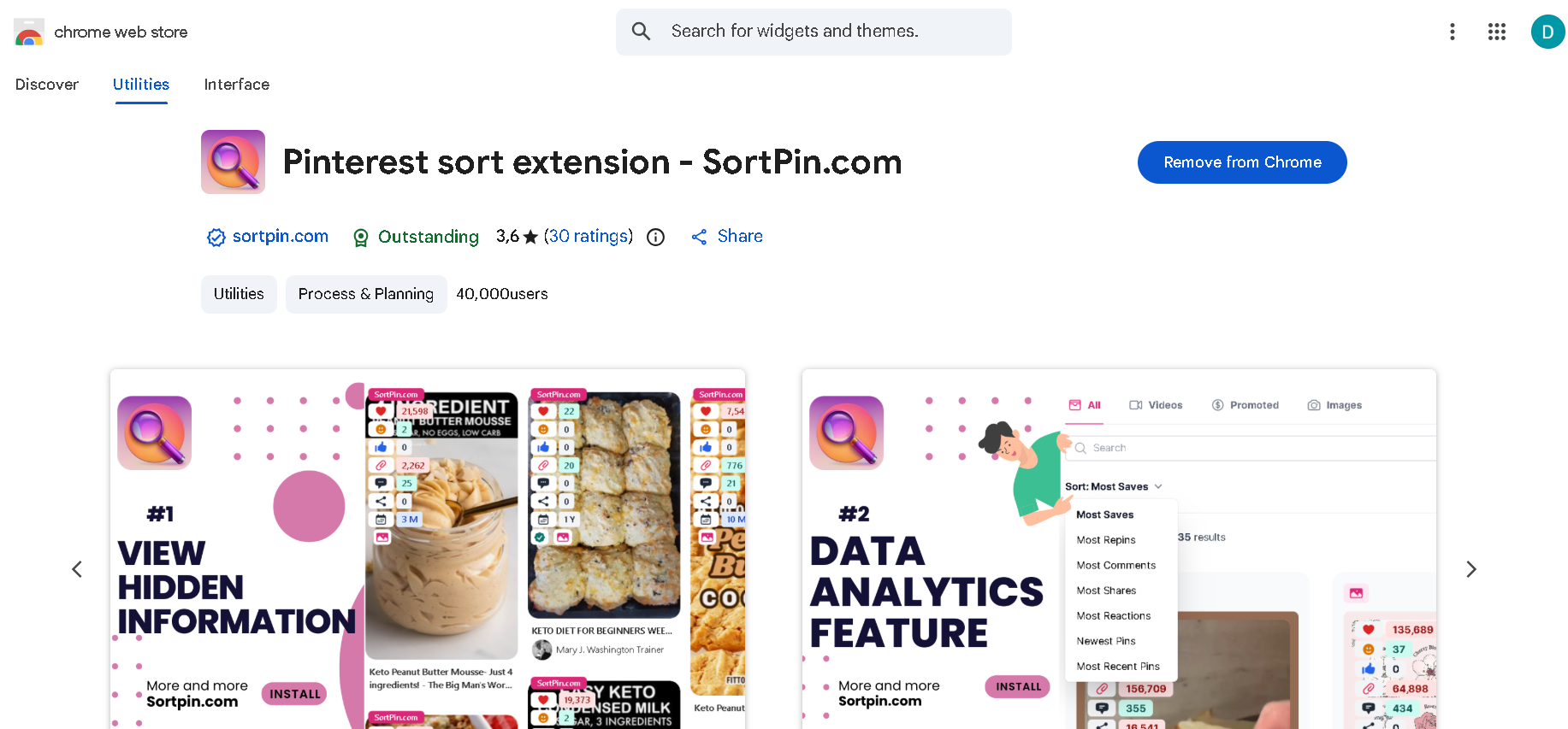 Pinterest Sort Extension on the Chrome Web Store