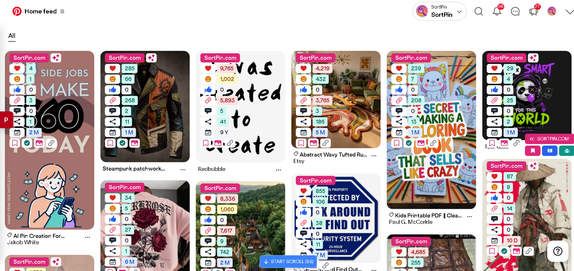 SortPin showing hidden Pinterest stats on every pin in the home feed