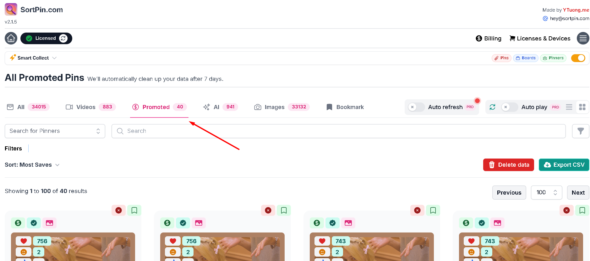 Pinterest promoted pins isolated in the SortPin dashboard