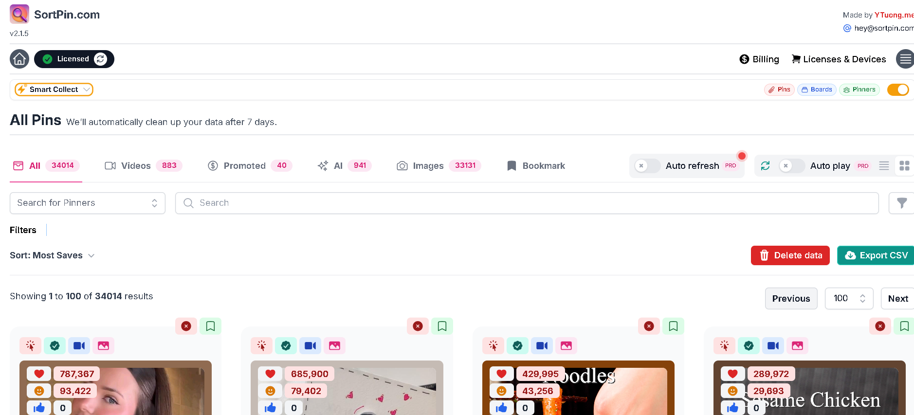 SortPin dashboard showing collected Pinterest pins with hidden metrics
