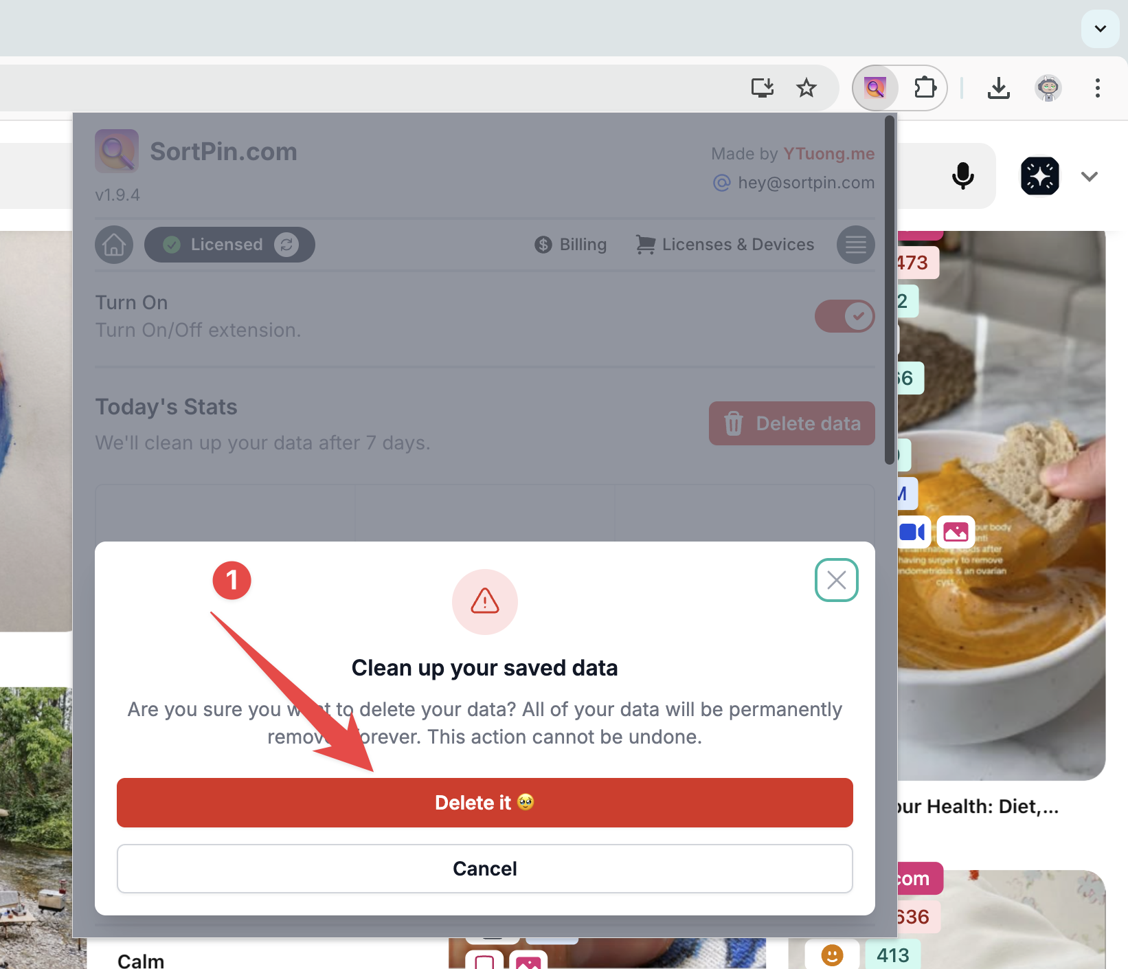 Confirm deletion popup in SortPin.com extension