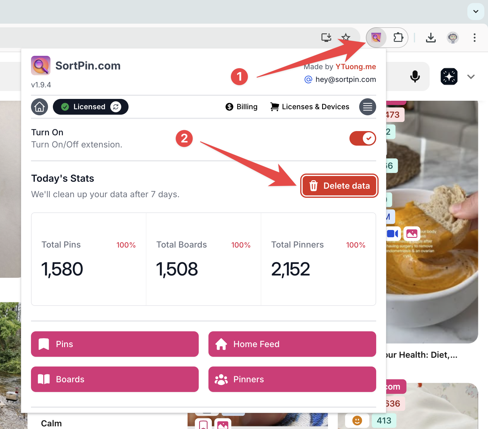 Open SortPin extension and click Delete Data button